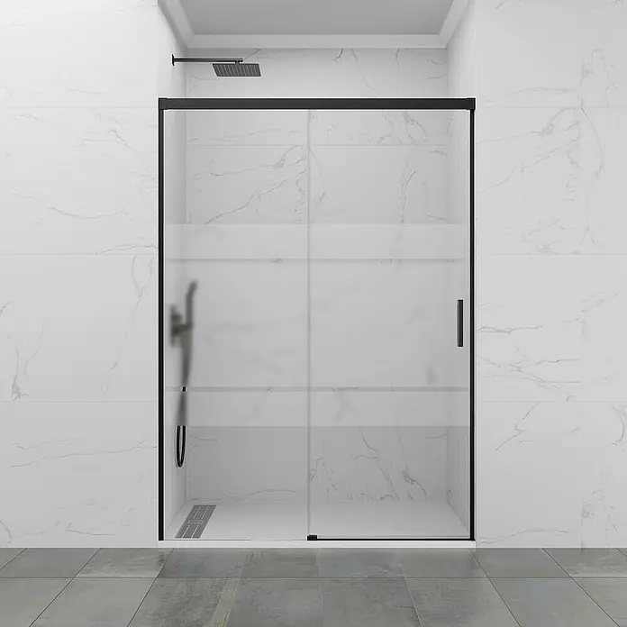 GME Mampara de ducha frontal Basic - 130 x 195 cm, Vidrio serigrafiado, Negro - Elegante cabina de ducha con marco negro y puerta corredera de vidrio transparente. Diseño moderno perfecto para cualquier baño.