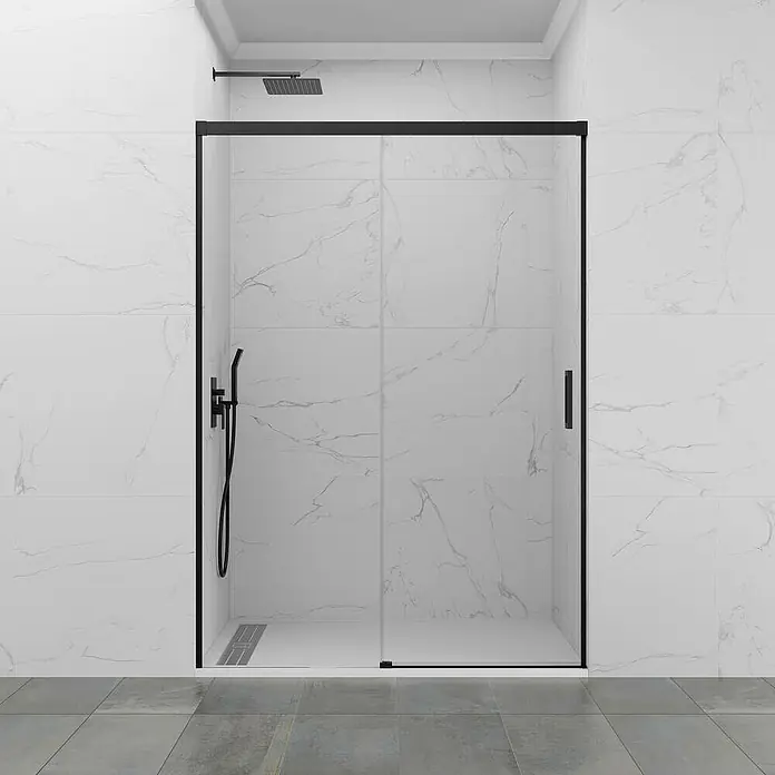 GME Mampara de ducha frontal Basic Plus - 140 x 196 cm, Vidrio transparente, Negro - Cabina de ducha moderna con marco negro y paneles de vidrio transparente, ideal para un diseño de baño elegante.