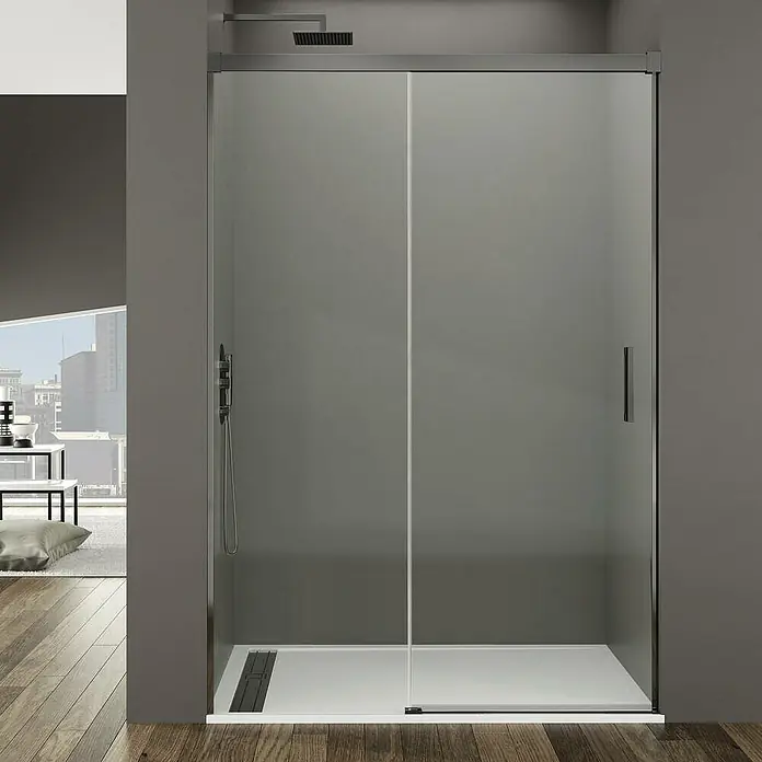 GME Mampara de ducha frontal Basic - 100 x 196 cm, Vidrio transparente, Titanio - Elegante cabina de ducha con puertas correderas de diseño contemporáneo, ideal para baños modernos. Fabricación y diseño de alta calidad para cualquier baño.