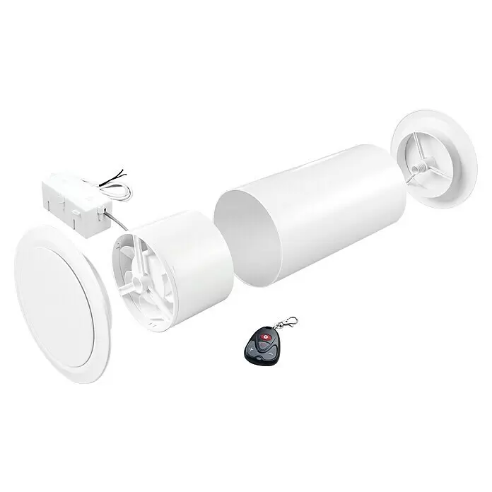 Heizspar-Set - Durchmesser: 12,5 cm, Weiß - Explosionszeichnung eines weißen Kunststoff-Rohrventilatorsystems mit Fernbedienung, bestehend aus Ventilator, Rohr, Steuerbox und Gittern.