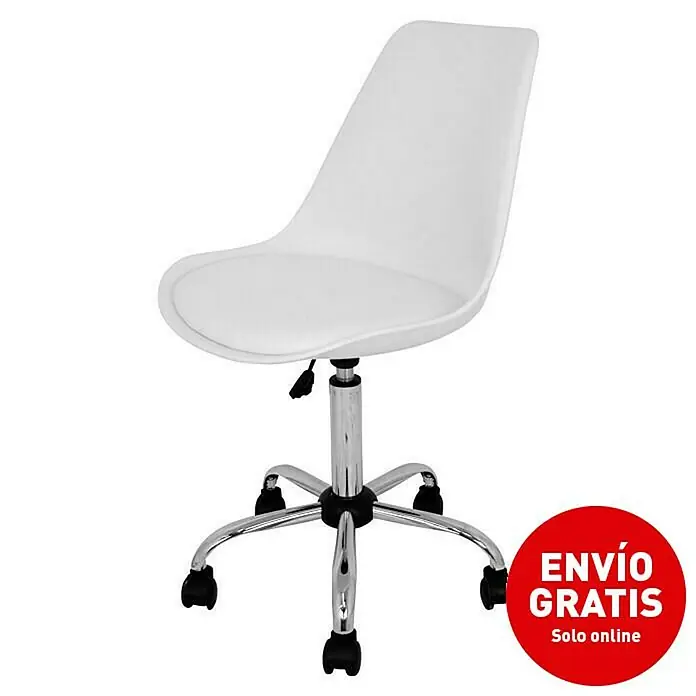 Silla de oficina Adriana - Blanco, Ruedas - Silla de oficina blanca moderna con estructura cromada y ruedas para la oficina en casa o el estudio.