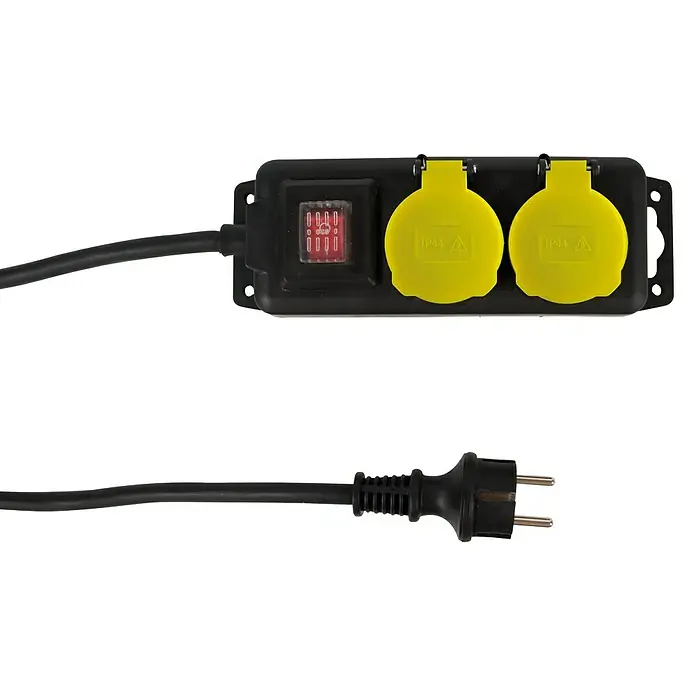 Steckdosenleiste - Schwarz/Gelb, Kabellänge: 1,4 m, IP44, Ohne Schalter - Abgebildet ist eine schwarze Stromverteilerbox mit zwei gelben Steckdosen und einem Schalter, komplett mit Kabel und Stecker.