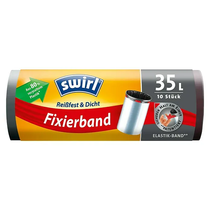 Swirl Müllbeutel Reißfest & Dicht - 35 l, 10 Stk., Schwarz - Abbildung einer Rolle Swirl Müllbeutel mit Fixierband, hergestellt aus 80 % recyceltem Kunststoff, Fassungsvermögen 35 Liter.