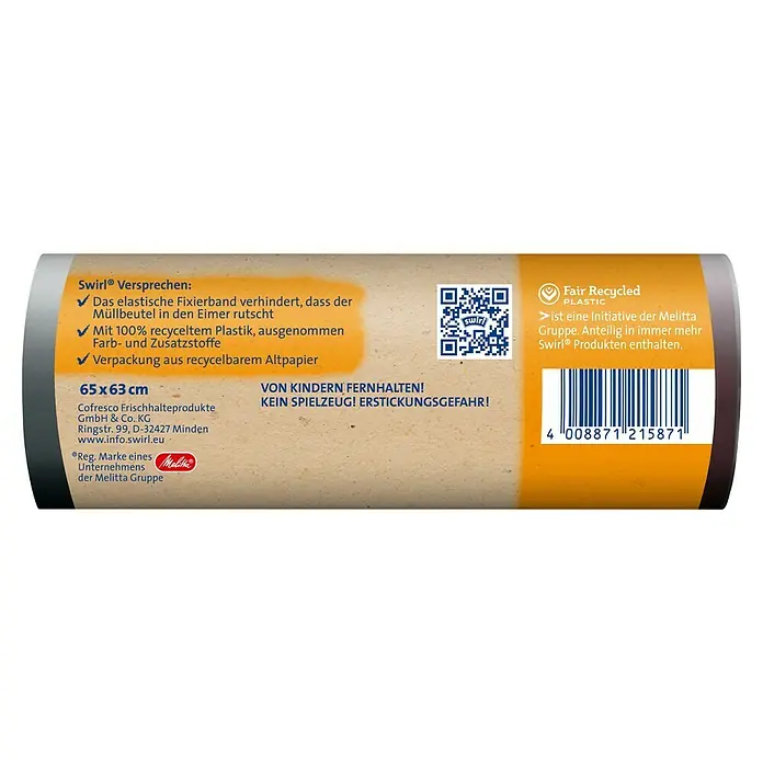 Swirl Müllbeutel Reißfest & Dicht - 35 l, 10 Stk., Schwarz - Nahaufnahme der Swirl Müllbeutelverpackung, die umweltfreundliche Eigenschaften und die Größe 65x63 cm hervorhebt.