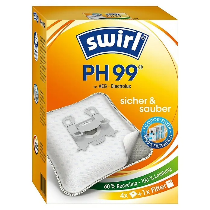 Swirl Staubsaugerbeutel PH 99 Phillips Eco - Passend für: Staubsauger von AEG/Electrolux, 4 Stk. - Bild einer Swirl PH99 Staubsaugerbeutelpackung, geeignet für AEG und Electrolux, mit 4 Beuteln plus 1 Filter, die 99,99% Filtration bieten.