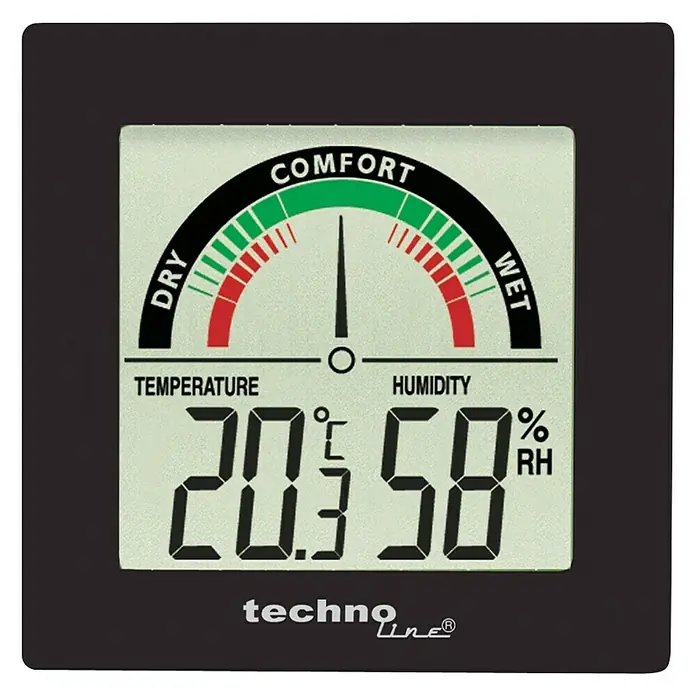 Thermo-Hygrometer - Digital, Breite: 88 mm - Das digitale Thermo-Hygrometer von Techno Line zeigt Temperatur und Luftfeuchtigkeit auf einem übersichtlichen Display an.