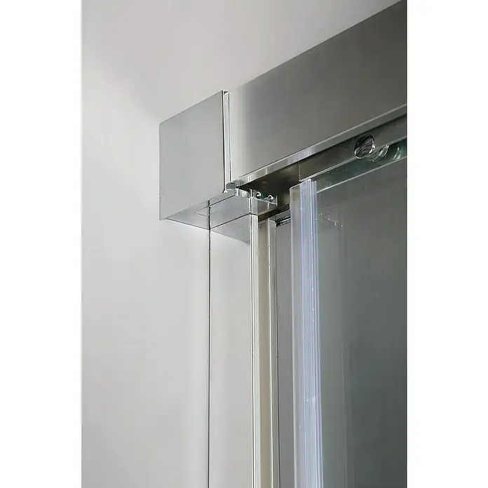 GME Mampara de ducha frontal Trio - 145 x 195 cm, Anodizado, Espesor de vidrio: 6 mm, Plata brillo - Primer plano de una cabina de ducha moderna con puerta corredera, mostrando un diseño elegante y claro.