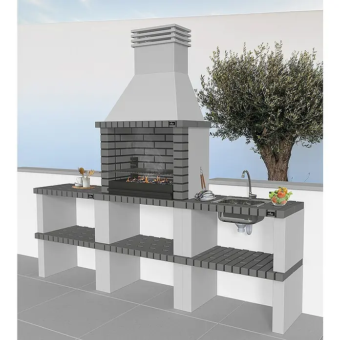 Barbacoa con chimenea Alvor con mesa lateral y fregadero - An x Pr x Al: 248 x 47 x 224 cm, Superficie parrilla: 64 x 38 cm, Hormigón - Imagen de una moderna barbacoa de jardín con fregadero y superficies de almacenamiento de madera, ideal para barbacoas de verano al aire libre.
