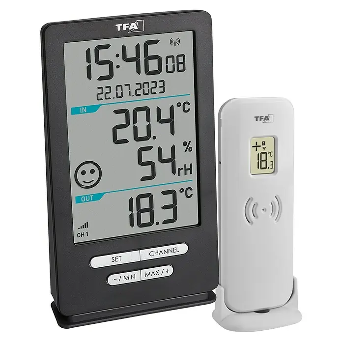 TFA Dostmann Funk-Thermo-Hygrometer Xena Home - Digital, Reichweite Sensor: 100 m - Eine TFA-Wetterstation mit Innen- und Außentemperaturanzeige, Luftfeuchtigkeit und Funksensor für präzise Messwerte.