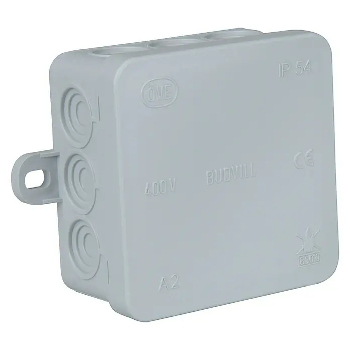 Abzweigdose - 75 x 75 x 40 mm, Aufputz - Nahaufnahme einer grauen Budvill-Abzweigdose, die sich ideal für elektrische Installationen und Kabelverbindungen eignet.