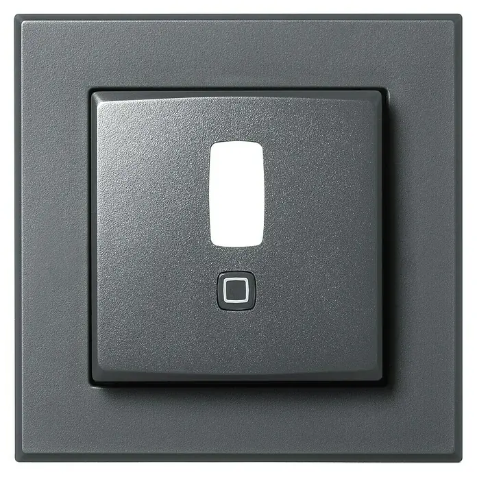 Homematic IP Bewegungsmelder HmIP-SMI55-A - Anthrazit, Batteriebetrieben, 150 m - Nahaufnahme eines grauen, quadratischen Lichtschalters mit zwei Tasten auf einer grauen Wandplatte.