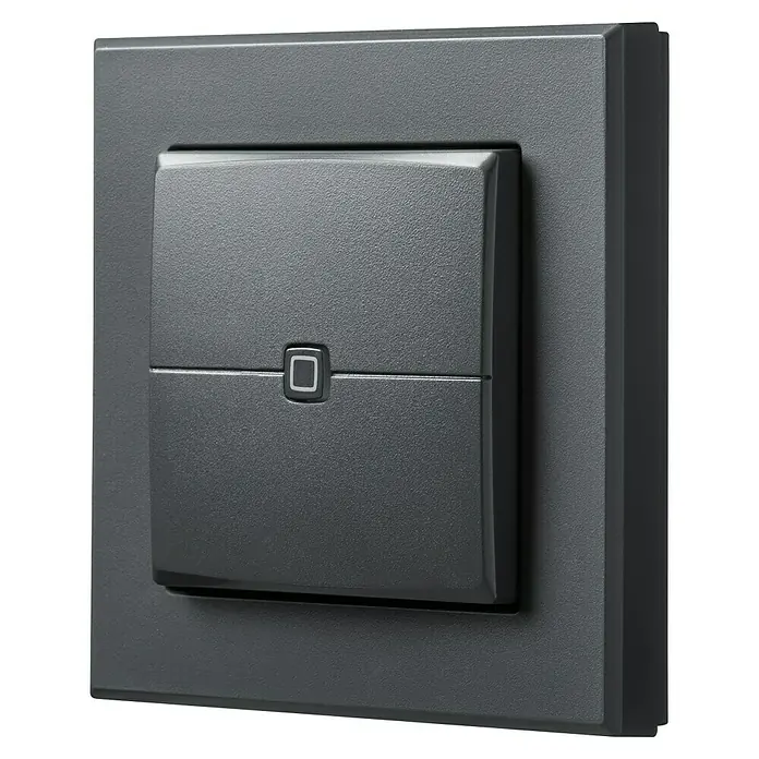 Homematic IP Funk-Wandtaster HmIP-WRC2-A - 2-fach, Batteriebetrieben, Anthrazit, 19 x 86 x 86 mm - Nahaufnahme eines modernen, grauen Lichtschalters mit einem quadratischen Knopf und einem subtilen Rahmen.