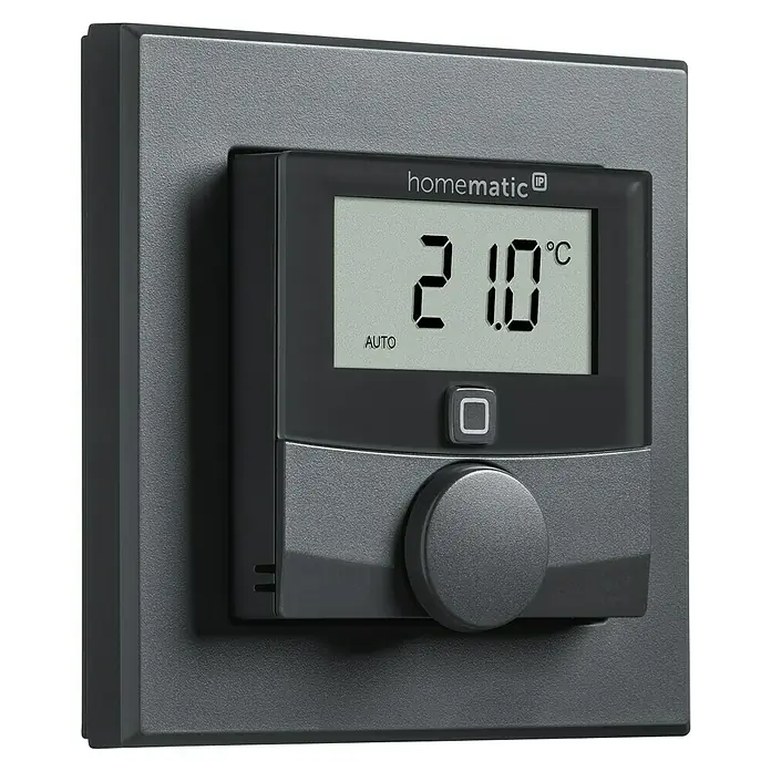 Homematic IP Funk-Raumthermostat mit Luftfeuchtigkeitssensor HmIP-WTH-A - Anthrazit, Batteriebetrieben, 86 x 86 x 23,5 mm - Nahaufnahme eines Homematic IP Wandthermostats mit Temperaturanzeige auf 21,0 °C.