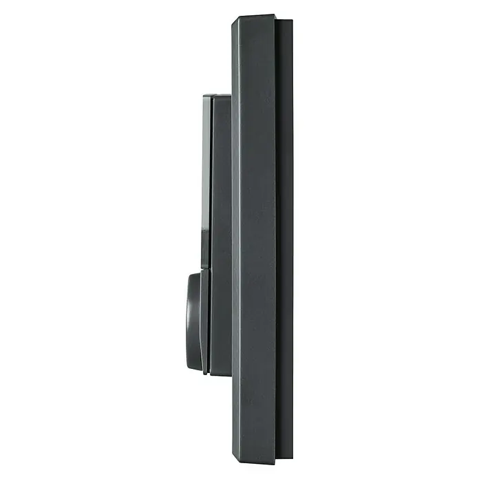 Homematic IP Funk-Raumthermostat mit Luftfeuchtigkeitssensor HmIP-WTH-A - Anthrazit, Batteriebetrieben, 86 x 86 x 23,5 mm - Seitenansicht eines modernen, schwarzen Touchscreen-Terminals. Das Gerät ist mit einer robusten, kantigen Einfassung versehen.