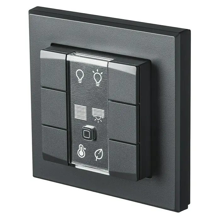 Homematic IP Funk-Wandtaster HmIP-WRC6-A - Batteriebetrieben, Anthrazit, 22 x 86 x 86 mm - Intelligenter Lichtschalter mit verschiedenen Steuerungssymbolen auf einer dunklen Oberfläche zur modernen Hausautomation.