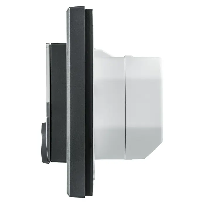 Homematic IP Funk-Raumthermostat HmIP-BWTH-A - Netzbetrieben, 230 V, 54 x 86 x 86 mm, Anthrazit - Seitenansicht eines schwarzen und weißen Geräts mit einer klaren, modernen Ästhetik, die seine Funktionalität und sein Design hervorhebt.
