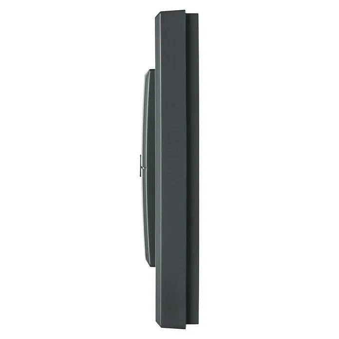 Homematic IP Funk-Wandtaster HmIP-WRC2-A - 2-fach, Batteriebetrieben, Anthrazit, 19 x 86 x 86 mm - Seitenansicht einer dunkelgrauen Briefkastenanlage mit einem Briefeinwurfschlitz, der sich links auf der Vorderseite befindet.