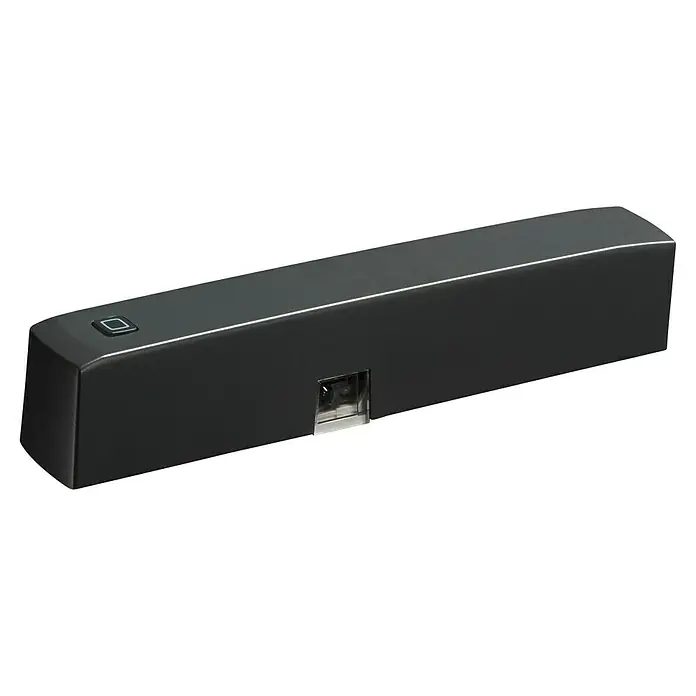 Homematic IP Fenster- & Türsensor HmIP-SWDO-A - Anthrazit, Batteriebetrieben, 102 x 15 x 20 mm - Das Bild zeigt eine schwarze Fingerabdruckscanner-Box mit einem stilvollen Design und einer hochwertigen Verarbeitung, perfekt für moderne Sicherheitslösungen.