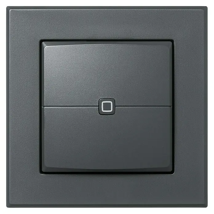 Homematic IP Funk-Wandtaster HmIP-WRC2-A - 2-fach, Batteriebetrieben, Anthrazit, 19 x 86 x 86 mm - Nahaufnahme eines grauen Schalters mit quadratischer Form, der ein modernes und minimalistisches Design aufweist.\n