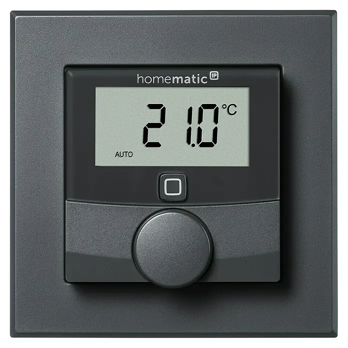 Homematic IP Funk-Raumthermostat mit Luftfeuchtigkeitssensor HmIP-WTH-A - Anthrazit, Batteriebetrieben, 86 x 86 x 23,5 mm - Homematic IP Wandthermostat: Ein elektronischer Raumtemperaturregler mit großem Display zur präzisen Temperatursteuerung im Haus.