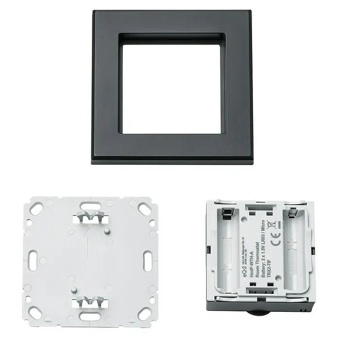Homematic IP Funk-Raumthermostat mit Luftfeuchtigkeitssensor HmIP-WTH-A - Anthrazit, Batteriebetrieben, 86 x 86 x 23,5 mm - Darstellung eines Homematic IP Wandthermostats mit verschiedenen Ansichten für Montage und Batteriefach.