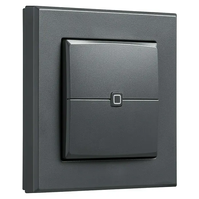 Homematic IP Funk-Wandtaster HmIP-WRC2-A - 2-fach, Batteriebetrieben, Anthrazit, 19 x 86 x 86 mm - Nahaufnahme eines modernen, grauen Lichtschalters mit quadratischer Form und minimalistischem Design.