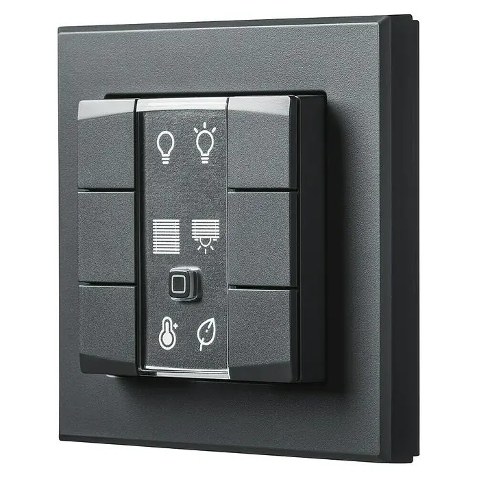 Homematic IP Funk-Wandtaster HmIP-WRC6-A - Batteriebetrieben, Anthrazit, 22 x 86 x 86 mm - Elegantes, schwarzes Smart Home Panel mit intuitiven Touch-Bedienelementen für Licht, Jalousien, Temperatur und mehr, integriert in eine moderne Wandinstallation.