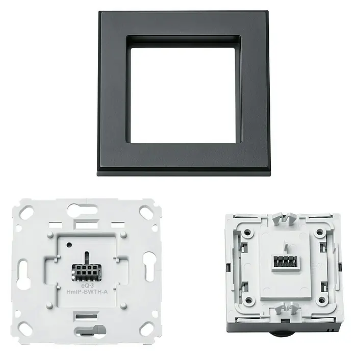 Homematic IP Funk-Raumthermostat HmIP-BWTH-A - Netzbetrieben, 230 V, 54 x 86 x 86 mm, Anthrazit - Ansicht eines Homematic IP Wandtaster mit Rahmen, der eine intelligente Steuerung ermöglicht.