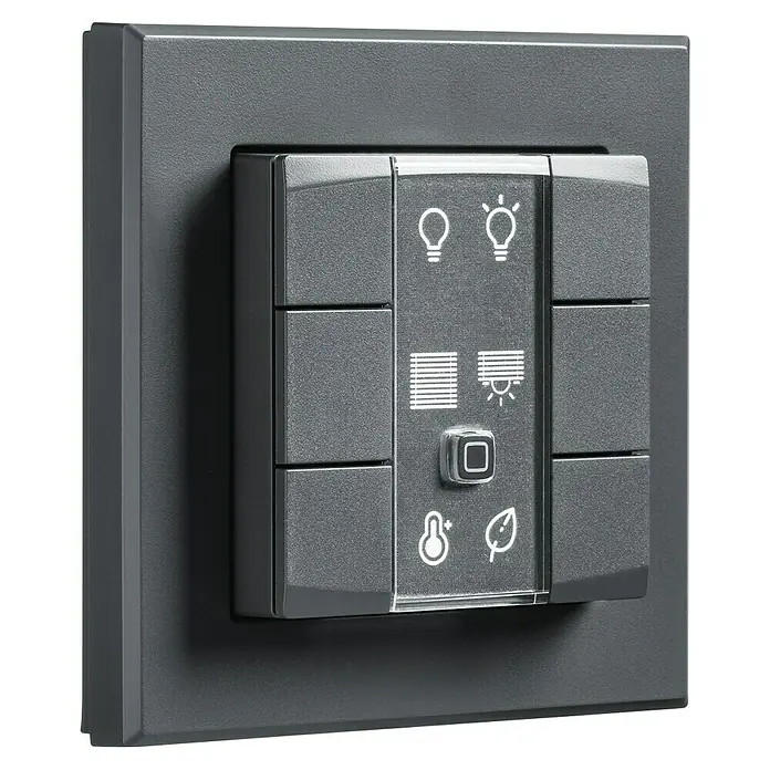 Homematic IP Funk-Wandtaster HmIP-WRC6-A - Batteriebetrieben, Anthrazit, 22 x 86 x 86 mm - Nahaufnahme einer grauen Smart Home Steuerung mit verschiedenen Symbolen zur Hausautomatisierung und Lichtsteuerung.