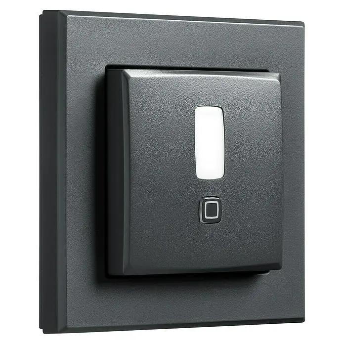 Homematic IP Bewegungsmelder HmIP-SMI55-A - Anthrazit, Batteriebetrieben, 150 m - Nahaufnahme eines grauen Gira-Schalters mit LED-Licht und Taste, ideal für moderne Hausautomation und stilvolles Design.
