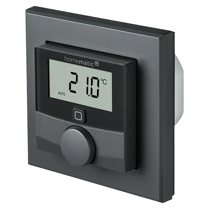Homematic IP Funk-Raumthermostat HmIP-BWTH-A - Netzbetrieben, 230 V, 54 x 86 x 86 mm, Anthrazit - Nahaufnahme eines Homematic IP Wandthermostats mit Drehknopf zur Temperaturregelung und großem Display, das 21.0 °C anzeigt.