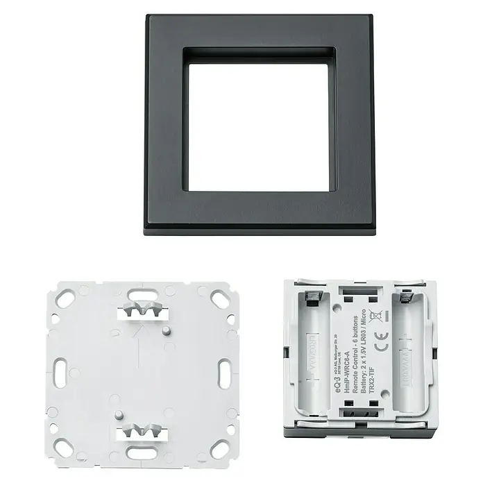 Homematic IP Funk-Wandtaster HmIP-WRC6-A - Batteriebetrieben, Anthrazit, 22 x 86 x 86 mm - Dreifach-Ansicht einer Homematic IP Fernbedienung mit 6 Tasten, die sowohl die Vorder- als auch die Rückseite des Geräts zeigt.
