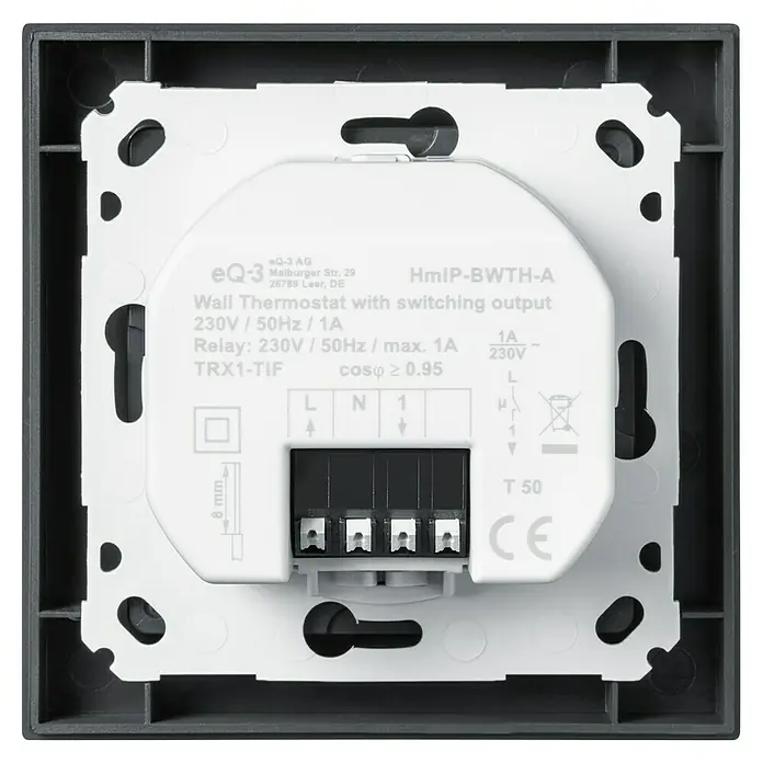 Homematic IP Funk-Raumthermostat HmIP-BWTH-A - Netzbetrieben, 230 V, 54 x 86 x 86 mm, Anthrazit - Nahaufnahme eines Homematic IP Wandthermostats zur präzisen Temperaturregelung im Smart Home.