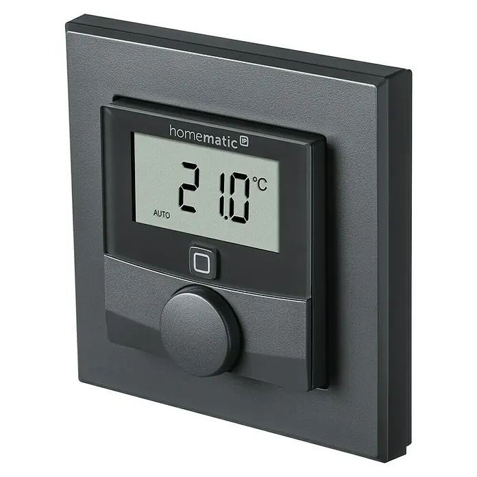 Homematic IP Funk-Raumthermostat mit Luftfeuchtigkeitssensor HmIP-WTH-A - Anthrazit, Batteriebetrieben, 86 x 86 x 23,5 mm - Abbildung eines Homematic IP Wandthermostats zur intelligenten Steuerung der Raumtemperatur für ein komfortables Wohnklima.