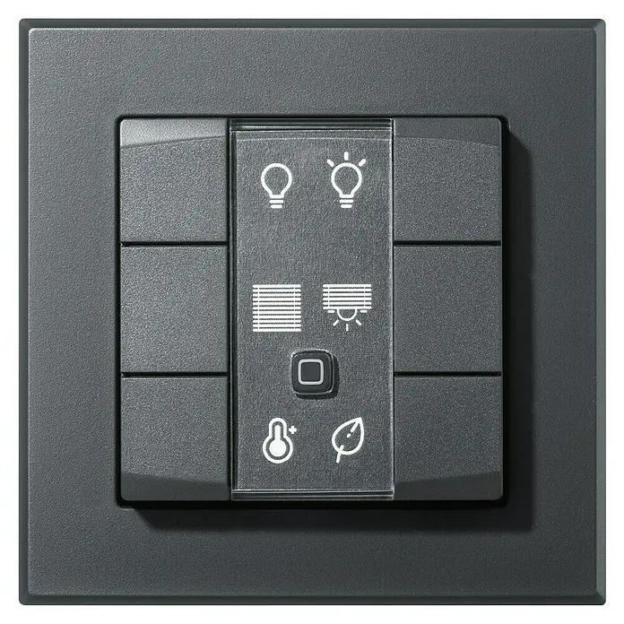 Homematic IP Funk-Wandtaster HmIP-WRC6-A - Batteriebetrieben, Anthrazit, 22 x 86 x 86 mm - Nahaufnahme einer schwarzen Smart Home-Steuerung mit verschiedenen Symbolen, die Licht, Jalousien, Temperatur und weitere Funktionen steuern.