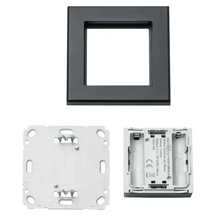 Homematic IP Bewegungsmelder HmIP-SMI55-A - Anthrazit, Batteriebetrieben, 150 m - Abbildung eines Homematic IP-Bewegungsmelders für 55-mm-Rahmen, der für den Innenbereich geeignet ist. Benötigt 2x1,5V LR03/Micro-Batterien.