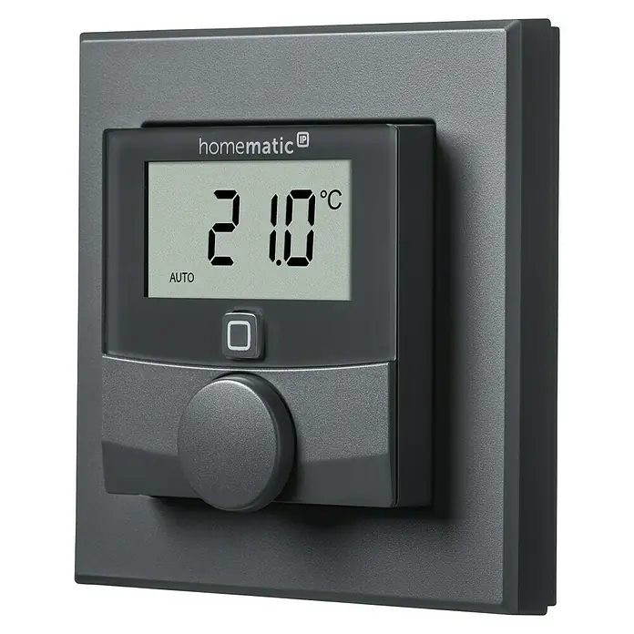 Homematic IP Funk-Raumthermostat mit Luftfeuchtigkeitssensor HmIP-WTH-A - Anthrazit, Batteriebetrieben, 86 x 86 x 23,5 mm - Homematic IP Wandthermostat mit Display zur Steuerung der Raumtemperatur, Anzeige 21.0°C im Automatikmodus.