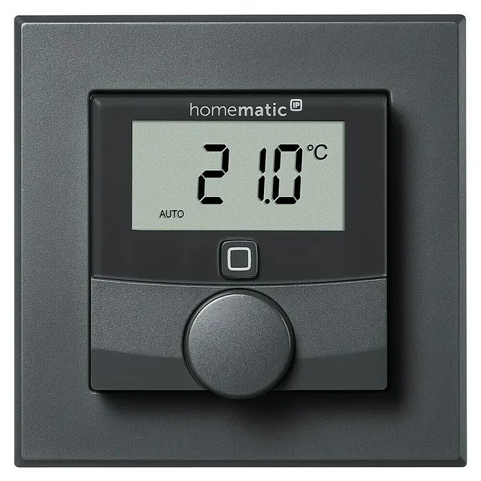 Homematic IP Funk-Raumthermostat HmIP-BWTH-A - Netzbetrieben, 230 V, 54 x 86 x 86 mm, Anthrazit - Abbildung eines Homematic IP Wandthermostats mit einer Anzeige von 21.0 °C und einem Drehknopf zur Temperatureinstellung.