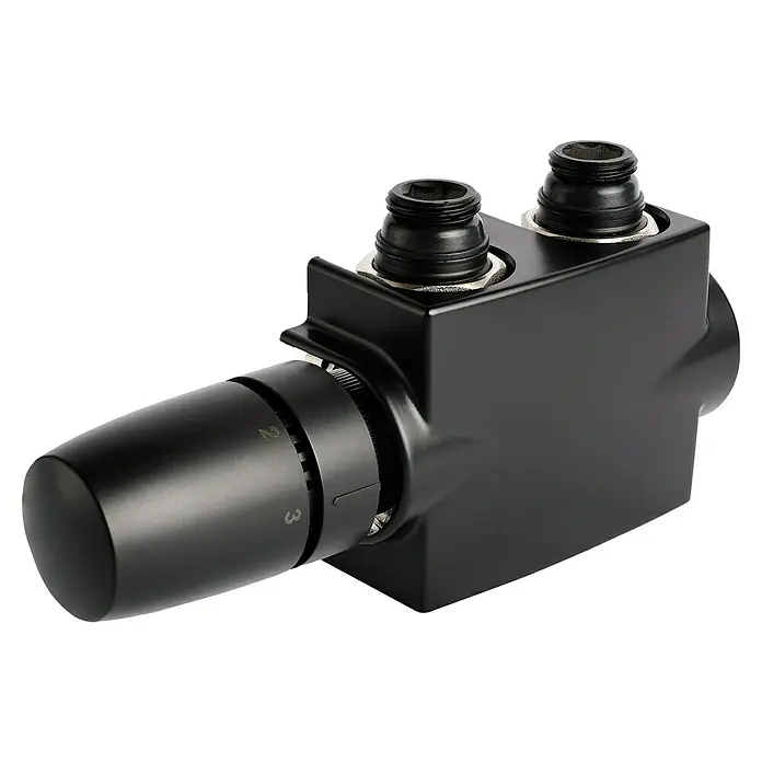 Mittenanschlussgarnitur - ½″ x ¾″, Schwarz RAL 9005 - Nahaufnahme eines schwarzen Thermostatventils. Das Heizkörperthermostat ist kompakt und hat einen Drehknopf zur Temperatureinstellung.