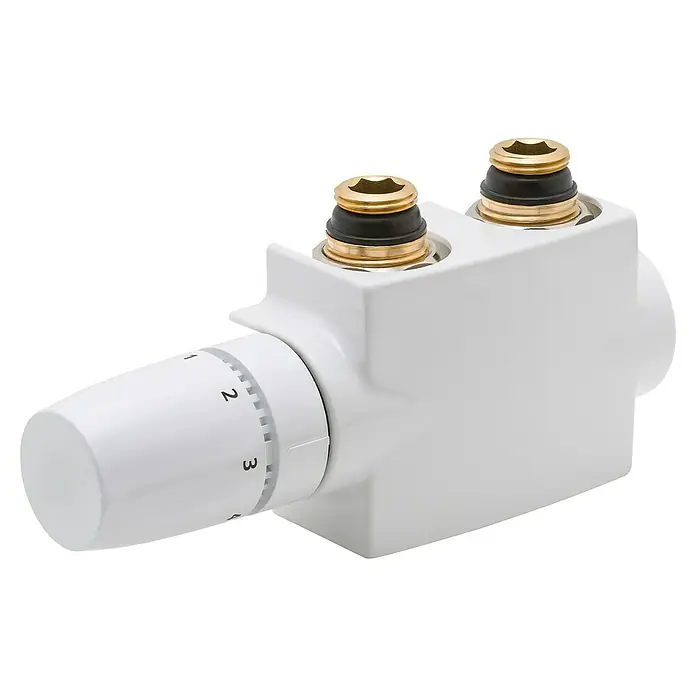 Mittenanschlussgarnitur - ½″ x ¾″, Weiß - Ein weißer Thermostatkopf mit zwei goldenen Anschlüssen und einer Skala von 1 bis 3.