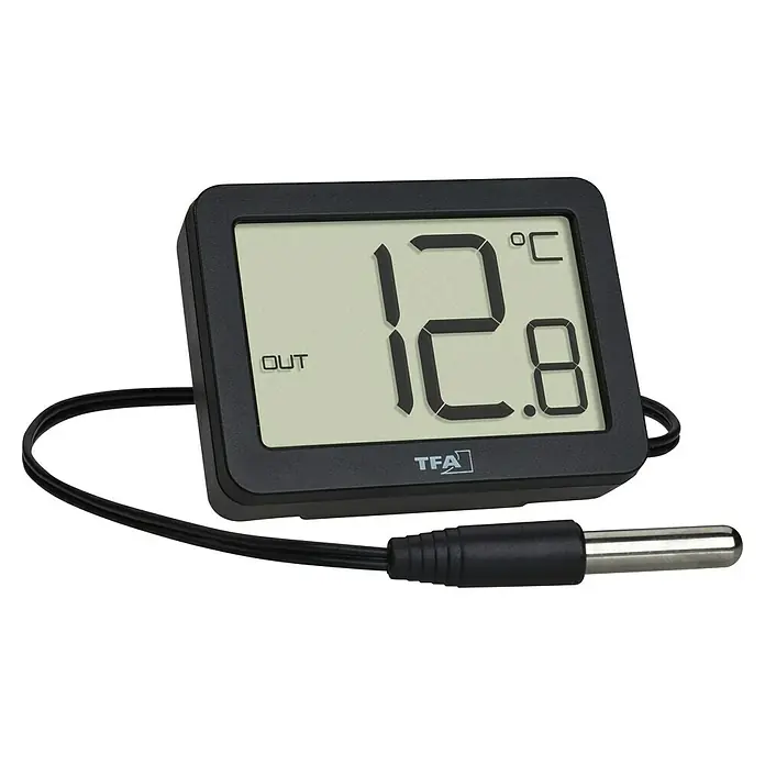 TFA Dostmann Thermometer - Digital, L x B x H: 40 x 15 x 55 mm, Schwarz - Das digitale Thermometer zeigt eine Außentemperatur von 12,8°C an und eignet sich ideal für genaue Messungen im Außenbereich.