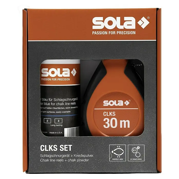 Sola Schlagschnur-Set - Blau, Länge Schnur: 30 m - Produktverpackung für SOLA CLKS Set, bestehend aus Schlagschnurgerät und Kreidepulver, ideal für präzise Markierungen.