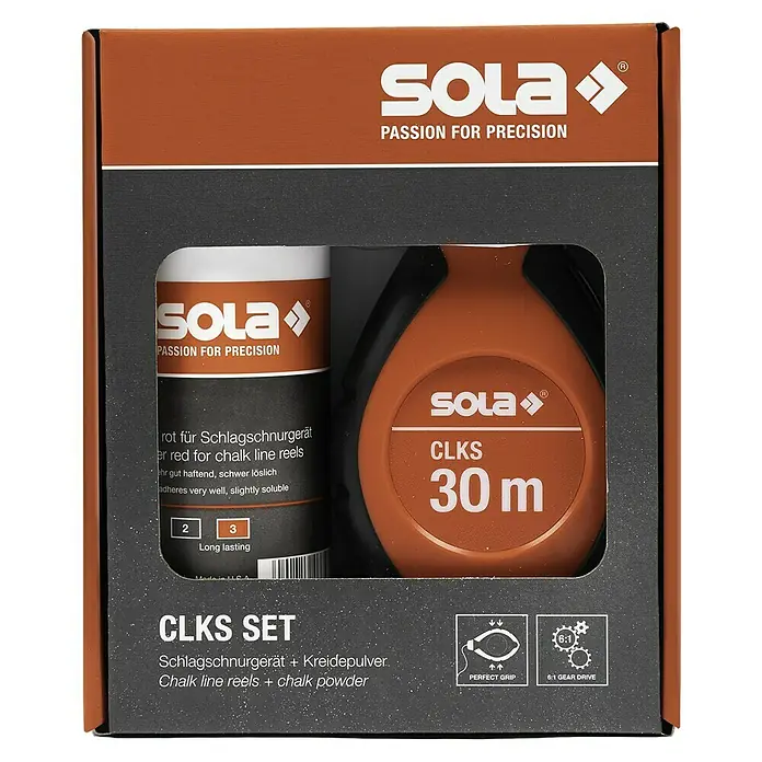 Sola Schlagschnur-Set - Rot, Länge Schnur: 30 m - Abbildung einer SOLA CLKS Set Schlagschnurgerät und Kreidepulverpackung für präzises Markieren und Messen.