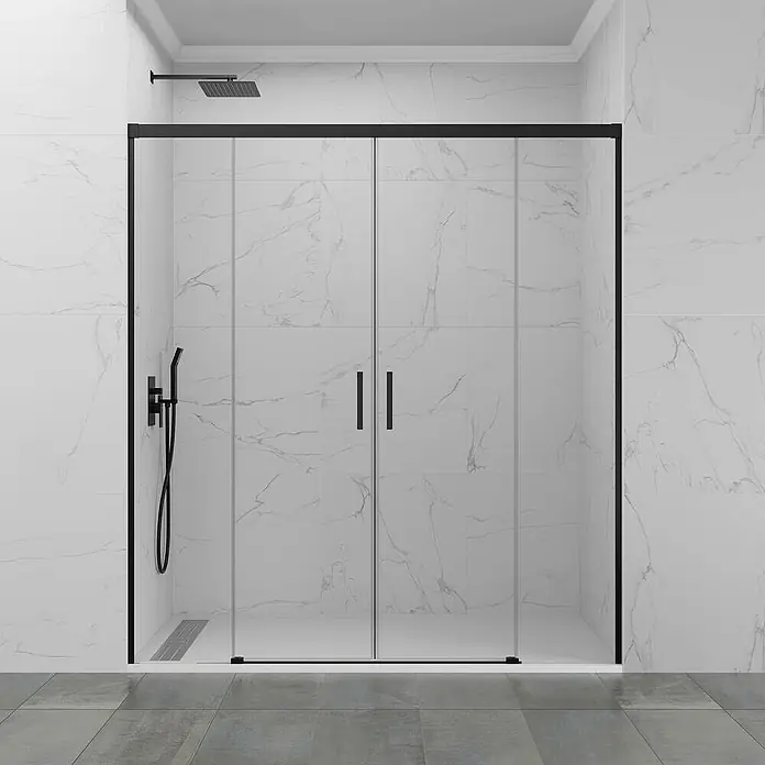 GME Mampara de ducha frontal Basic Spazio - 150 x 195 cm, Vidrio transparente, Longitud regulable: 142 cm - 152 cm, Negro - Un baño moderno con una elegante cabina de ducha con detalles en negro y azulejos de mármol.