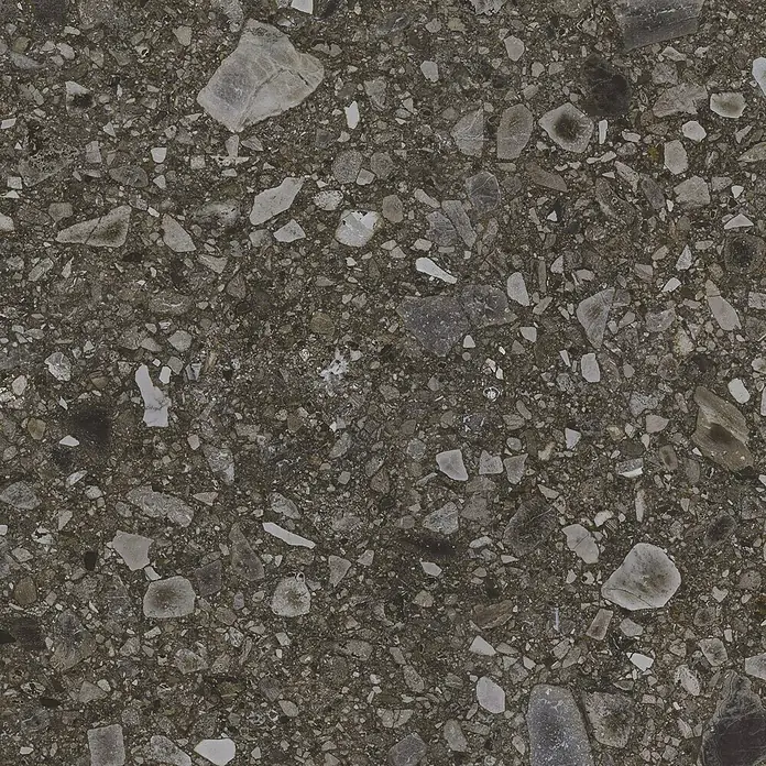 Feinsteinzeugfliese Terrazzo Ceppo - 59,7 x 59,7 cm, Schwarz, Matt - Nahaufnahme einer dunklen Terrazzo-Fliese mit hellen, unregelmäßigen Steineinschlüssen, die eine robuste und stilvolle Oberfläche zeigt.