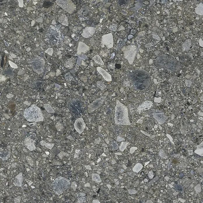 Feinsteinzeugfliese Terrazzo Ceppo - 59,7 x 59,7 cm, Graphit, Glänzend - Detailaufnahme einer Bodenfliese mit Terrazzo-Muster. Die Fliese besticht durch ihre graue Farbgebung und die eingearbeiteten Steine.