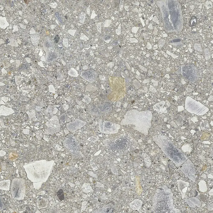 Feinsteinzeugfliese Terrazzo Ceppo - 59,7 x 59,7 cm, Silber, Glänzend - Nahaufnahme einer Terrazzobodenfliese mit verschiedenen Steinsplittern in Grau-, Weiß- und Beigetönen für ein modernes Design.