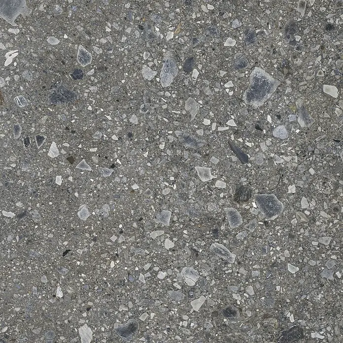 Feinsteinzeugfliese Terrazzo Ceppo - 119,7 x 119,7 cm, Graphit, Glänzend - Nahaufnahme einer grauen Terrazzo-Bodenfliese mit verschiedenen Steineinschlüssen für ein modernes Ambiente.