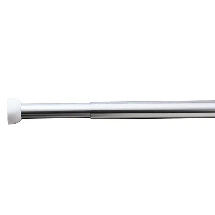 Venus Duschvorhangstange - 110 cm - 185 cm, Durchmesser: 20 mm, Chrom - Bild einer silberfarbenen, ausziehbaren Duschstange mit weißen Endkappen. Ideal für Badezimmer und einfache Montage ohne Bohren.