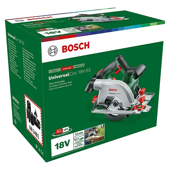 Bosch Power for All 18V Akku-Handkreissäge UniversalCirc 18V-53 - 18 V, 1 Akku, 4.300 U/min, Durchmesser Sägeblatt: 160 mm - Bild einer grünen Produktverpackung für die Bosch UniversalCirc 18V-53 Akku-Kreissäge.